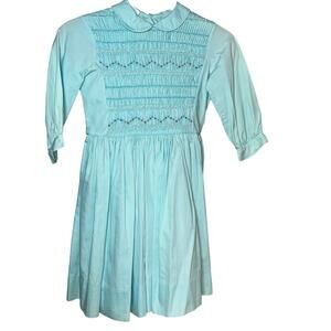 Vintage Polly Flinders Blue Floral Hand Smocked maxi prairie girls dress sz 8